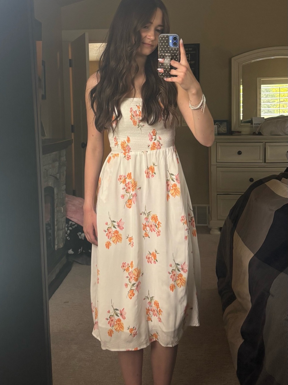 Old Navy White Smocked Floral Midi Dress with Pink and Orange Blooms